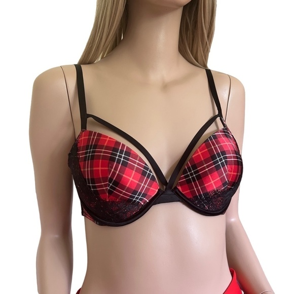 Victorias Secret Very Sexy Strappy Bra Lacy Tartan Plaid Padded Underwire Pushup - Picture 1 of 14
